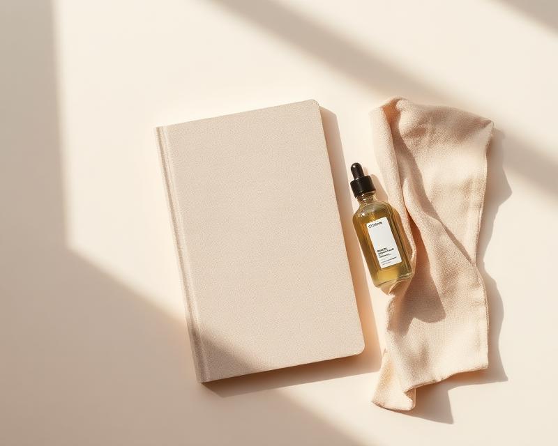 Consultation notebook and skincare on a warm neutral surface